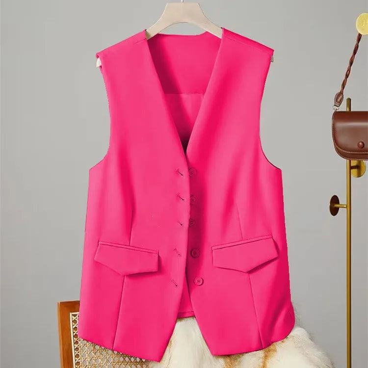 Vest Women Sleeveless Jacket Waistcoat V Neck Single Breasted Tops Outerwear Spring Summer Female 2025 Office Lady Vintage Coat - Colouronova