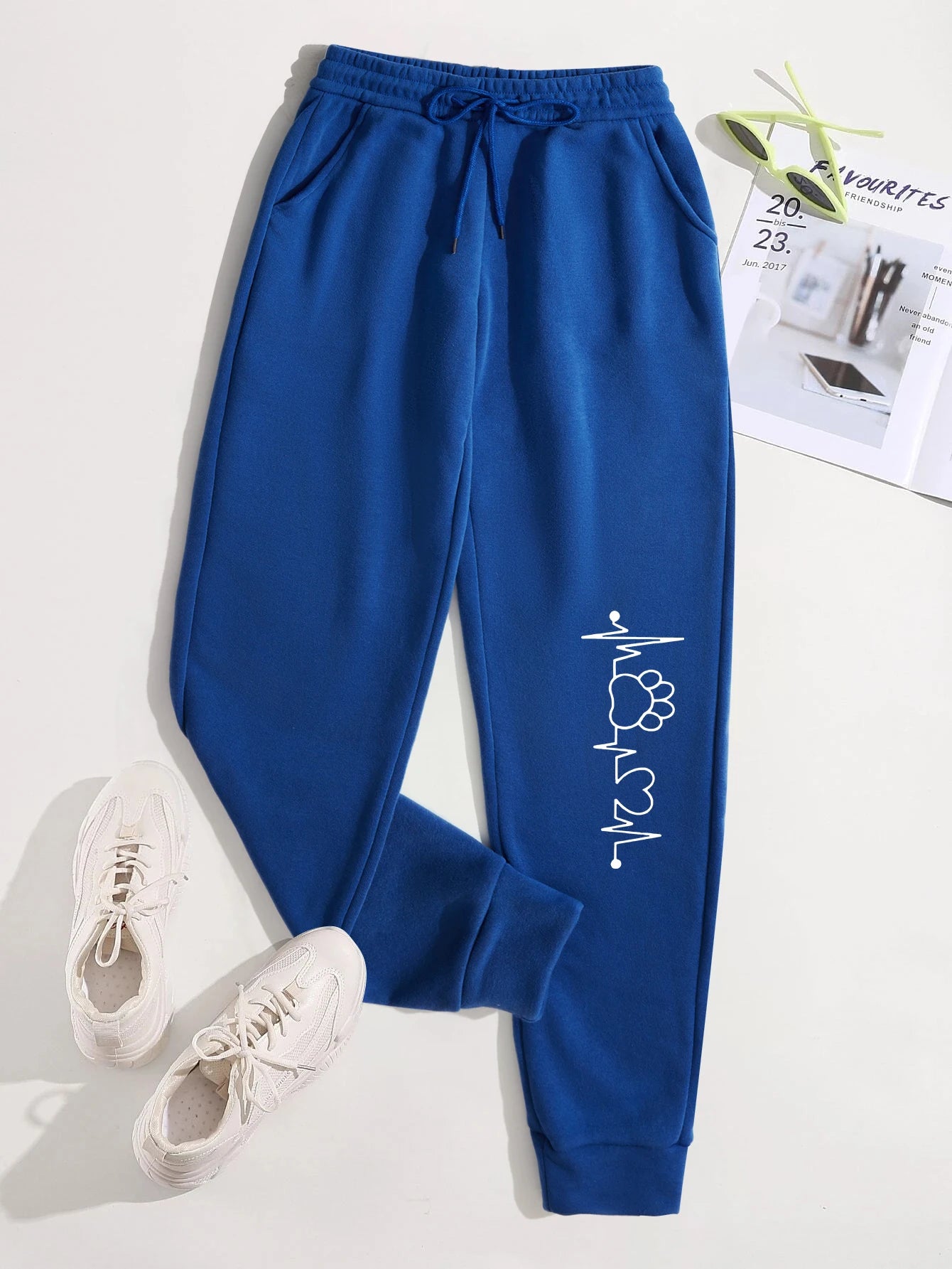 Creative Heartbeat Dog Claw Print Pants Womens Jogger Sportpants Fleece Drawstring Long Pant Fashion Street Female Sweatpants - Colouronova