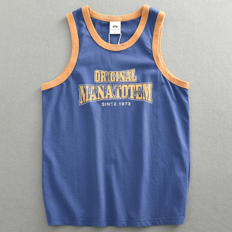 Summer Japan Retro Printed Basketball Loose Sleeveless T-shirt Tank Tops American Vintage Casual 100% Cotton Vest Tees for Men - Colouronova