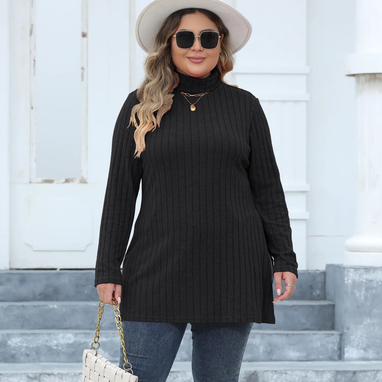 Women Turtleneck Top T Shirt Basic Tees Side Split Stripe Long Sleeve Casual Layering Tops 2025 Autumn Winter Office Lady - Colouronova