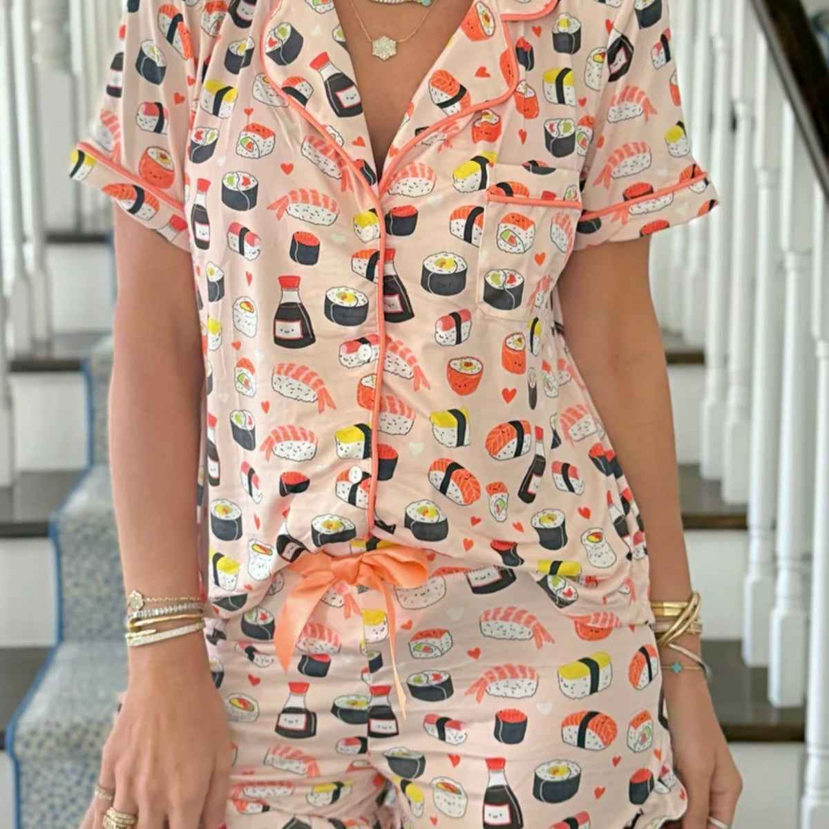 Womens Milk Silk Loungewear Set with Ruffle Shorts