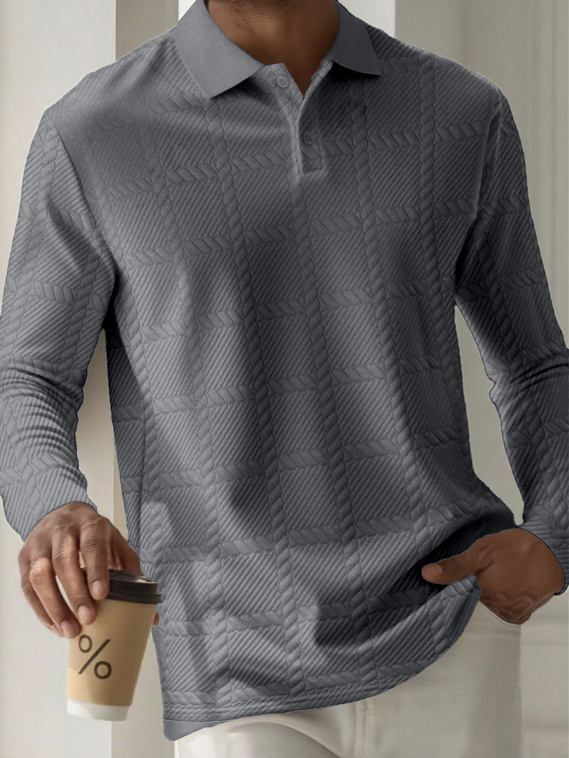 Mens Textured Long Sleeve Polo Shirts Colouronova