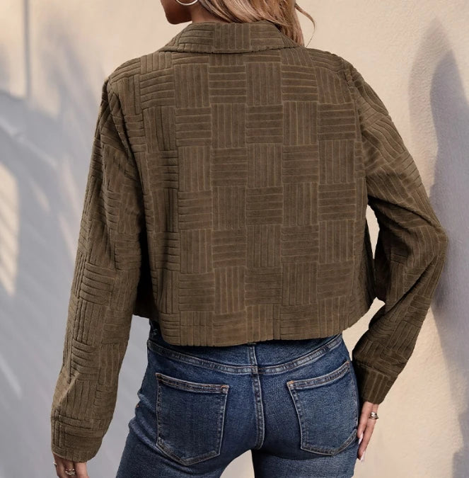 Women's Jacket 2025 Spring New Fashion Solid Color Texture Corduroy Turn-Down Collar Long Sleeved Casual Crop Jacket Coat - Colouronova