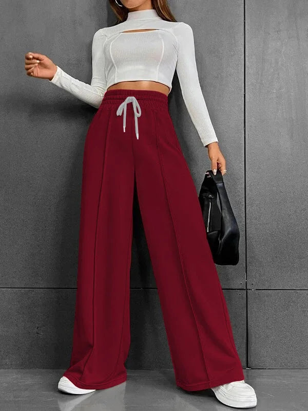 High Waist Wide Leg Pants Women Full Length Trousers Solid Capris Drawstring Pockets Loose Fit Sports Casual Slight Strech - Colouronova