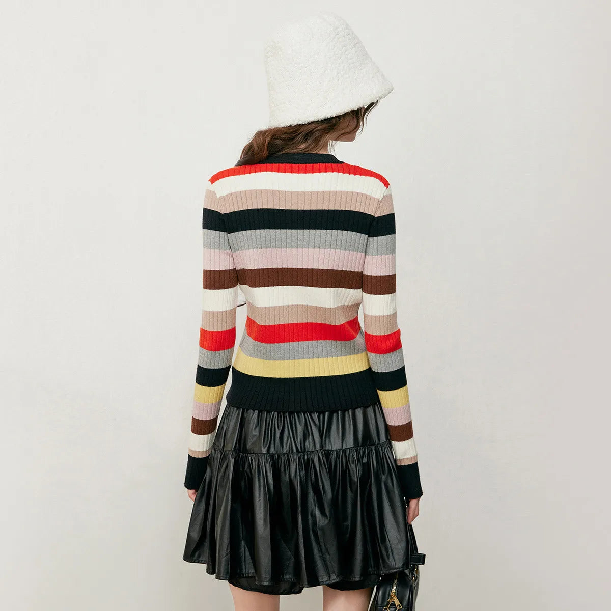 LOUIS YAO Colorful Striped Women's Knitted Sweater 2025 Autumn Fashion Cardigan Micro Elastic Slim Fit Knitted Long Sleeved Top - Colouronova