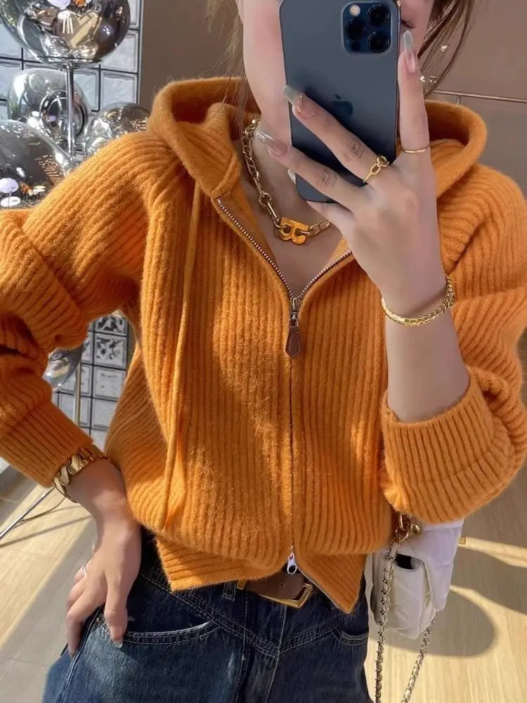 Hooded Small Fragrant Style Western-style Design Outerwear Women's Autumn and Winter New Short Loose Knitted Cardigan Sweater - Colouronova