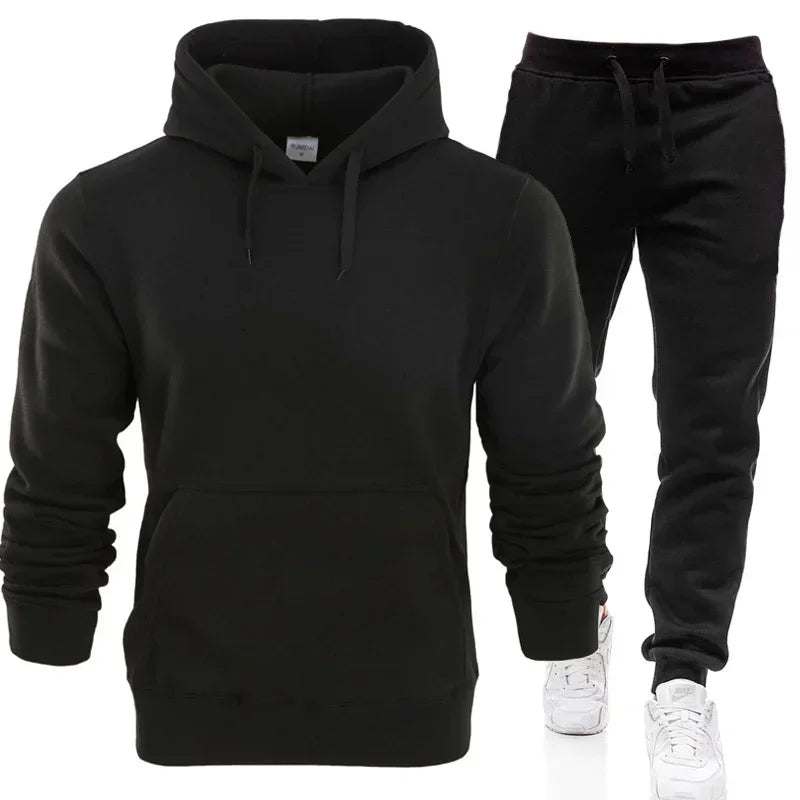 Men Tracksuits Autumn Winter Fleece Warm Suit 2 Pieces Sets Hooded Sweatshirt Pants Long Sweatpants Streetwear Men Outfit Set - Colouronova