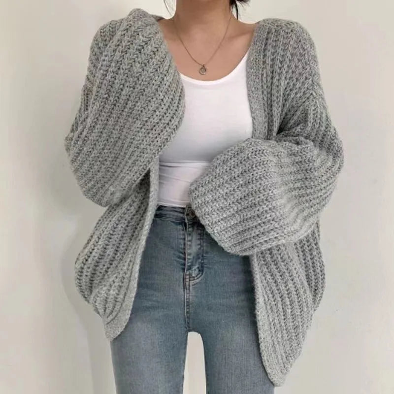Women Sweaters V Neck Lantern Sleeve Cardigan Jumpers Knit Open Stitch Regular Solid Spliced Casual Simple Autumn 2025 - Colouronova