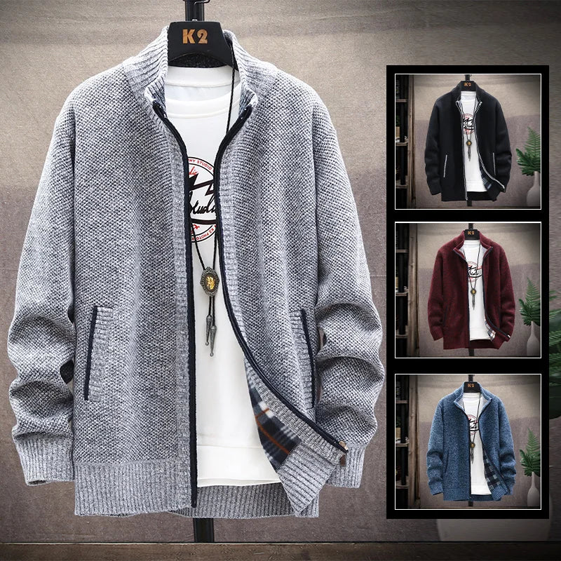 Men's Winter Autumn Fleece Sweater Zipper Cardigan Korean Warm Jacket Coat Sports Male Jumper Knit Clothing Brown Jacket - Colouronova