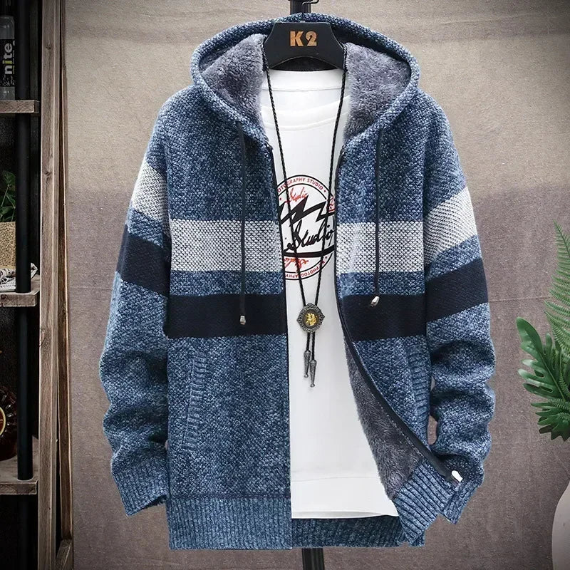 2025 Men's Winter Thick Warm Striped Cardigan Sweater Hooded Faux Fur Wool Jacket Windbreaker Fleece Jumper Knitted Jacket Male - Colouronova