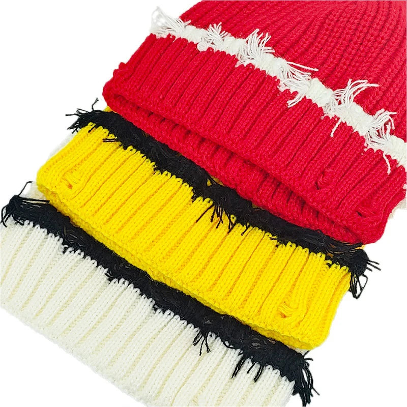 Y2K Knitted Beanie Hats Winter Warm Wool Caps With Holes Hip Hop Streetwear Accessories New Color Matching - Colouronova