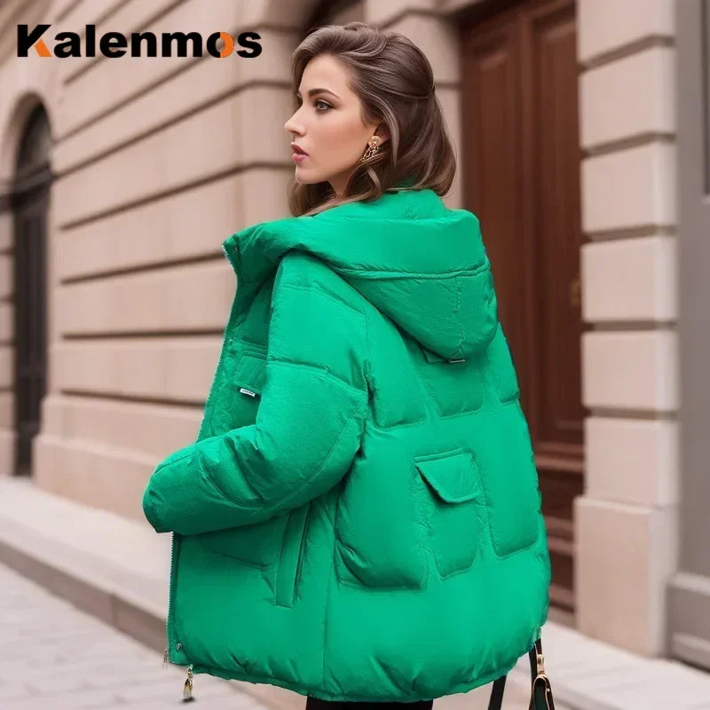 Women Full Sleeve Hooded Zipper Parkas Stand Collar Loose Drawstring Jackets Thick Warm Pockets Casual Coats Autumn Winter - Colouronova