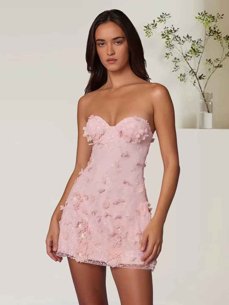 Floral Embroidery Strapless Dress