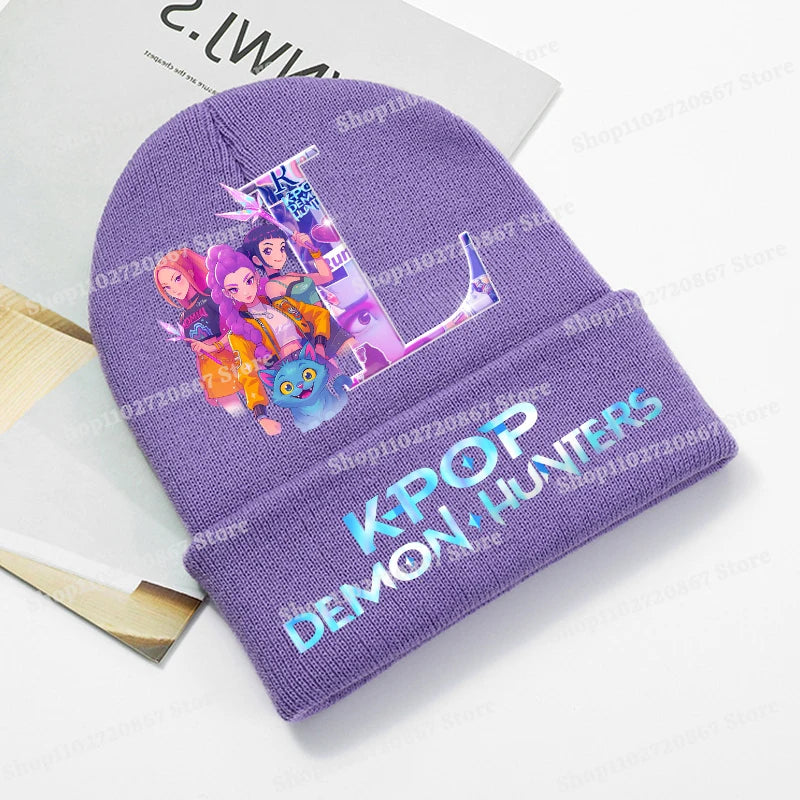 KPop Demon Hunters Purple Knitted Hat Boys Girls Cartoon Anime Woolen Hats Autumn Winter Kid Outdoor Warmth Beanies Caps Beanie - Colouronova