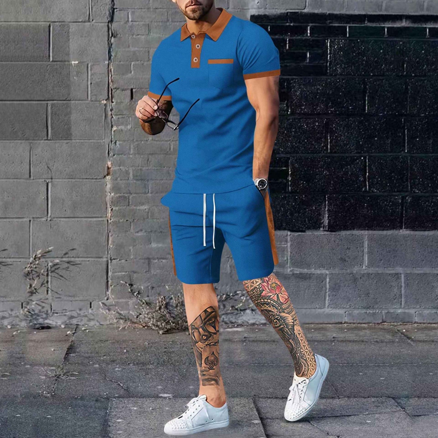Men's casual suit short-sleeved waffle