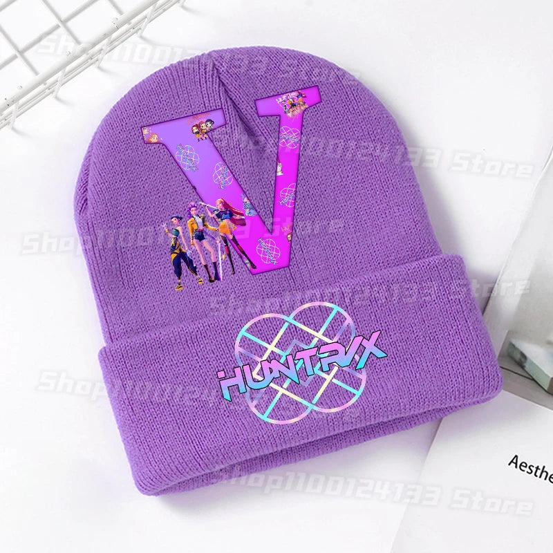 Demone Hunter Kids Knitted Hats Cute Letters A-Z Anime Girl Kawaii Beanie Headgear Outdoor Street Warm Knit Cap Party Games Gift - Colouronova