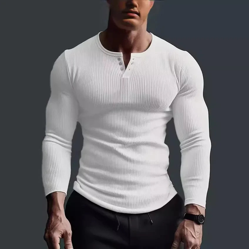 Men Tops T Shirts Full Sleeve V Neck Casual Regular Top Solid Button Splice Sheath Tees Simple Slim Fit Autumn Winter 2024 - Colouronova