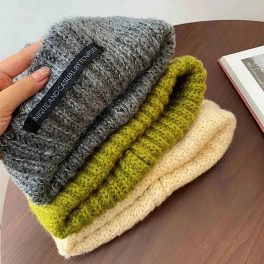 Women Warm Cap Simple Winter Wool Knitting Bonnet Solid Color Ins Versatile Stacked Cap Fashion Knitted Skull Hat Headwear