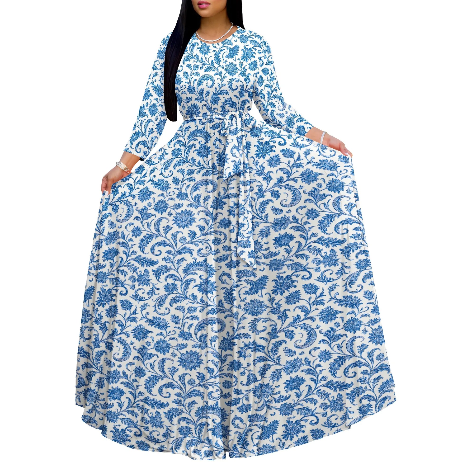 Long Sleeve Plus Size Maxi Fall Dress for Curvy Women Round Neck 3/4 Sleeve Long Dress Cocktail Party Dress - Colouronova