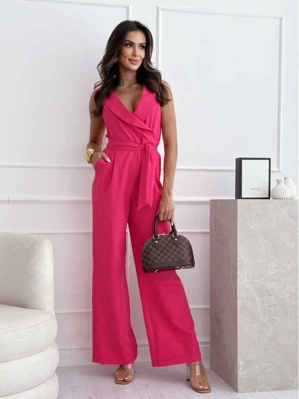 Sleeveless V-Neck High-Waist Tie-Waist Jumpsuit
