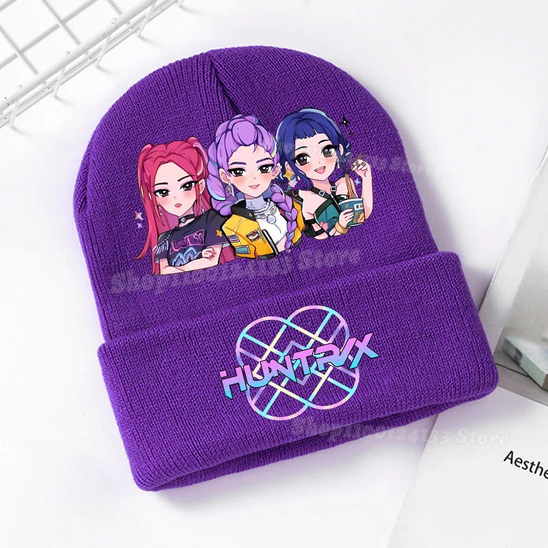 Demone Hunter Kids Knitted Hat Cute Anime Print Girl Beanie Cap Headgear Outdoor Street Warm Knit Cap Y2K Kawaii Game Party Gift - Colouronova