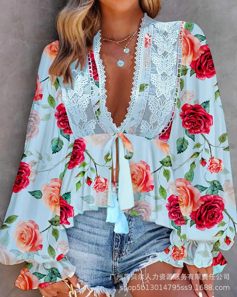 Women Tops Slash Neck Flare Sleeve Solid Pullovers Ruffles Casual T Shirts Elegant Lady Slight Strech Autumn 2024 Patchwork Colouronova