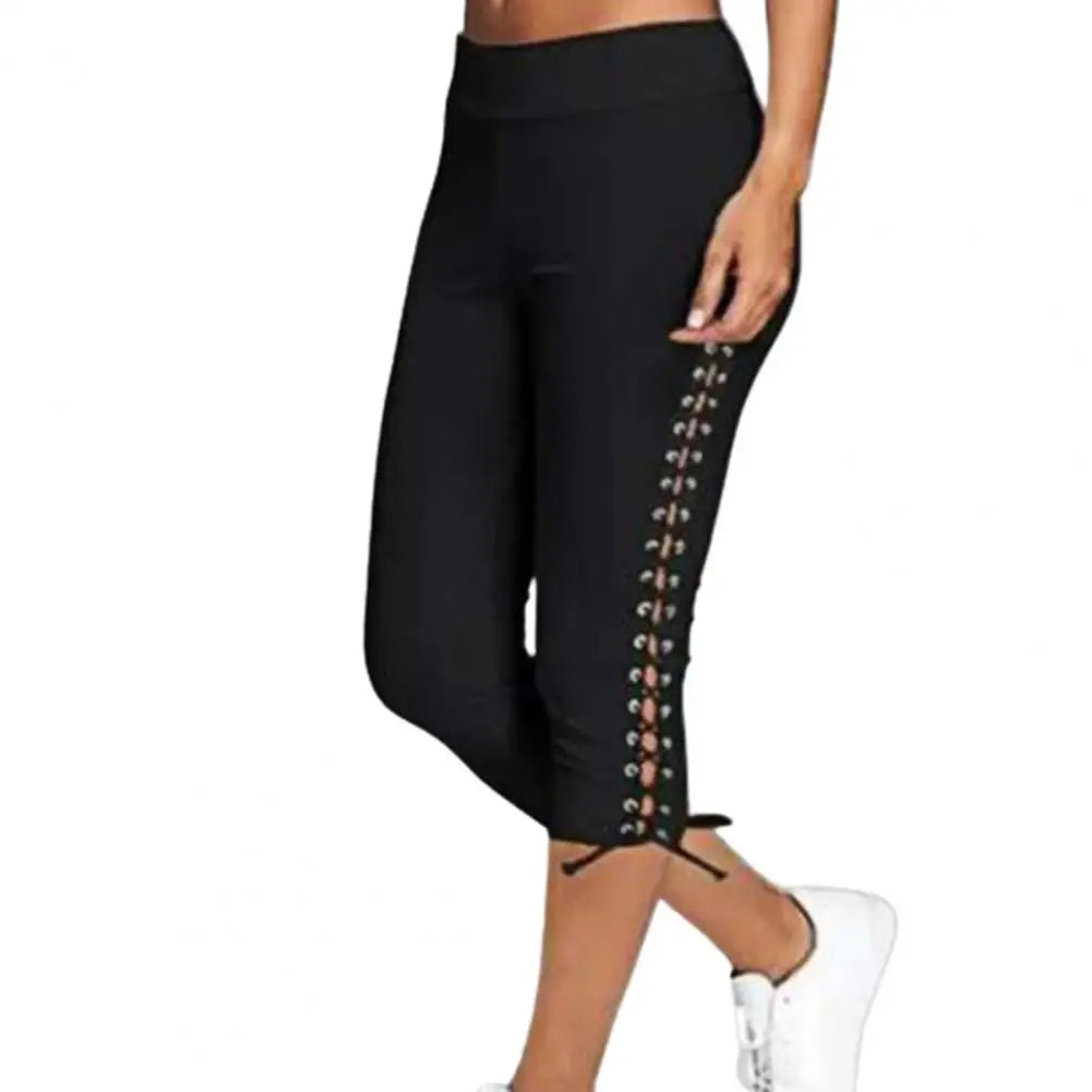 Women High Waist Cropped Trousers Drawstring Bandage Skinny Leggings Pants Joggers For Ladies - Colouronova