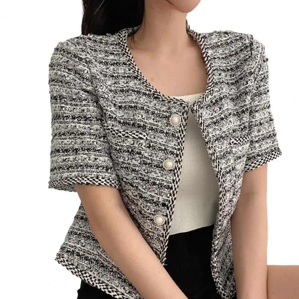 Tweed Weave Plaid Women Blazer Coat Women 2023 French Style Short Sleeve Single breasted Women Cardigan Coat Jackets - Colouronova