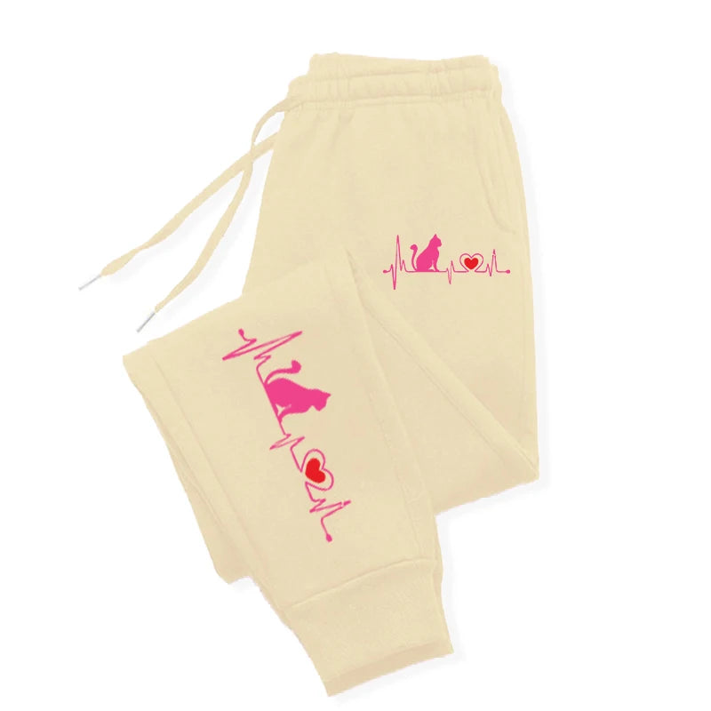 Cat Electrocardiogram Printed  Trousers Sport Fashion Joggers Street Soft  Pants Woman Casual Autumn Gothic Clothing - Colouronova