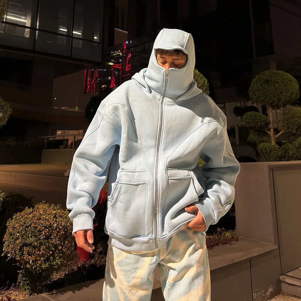 Sports style fashion European and American trend solid color line splicing double hat cardigan zipper hooded Y2K sweatshirt - Colouronova