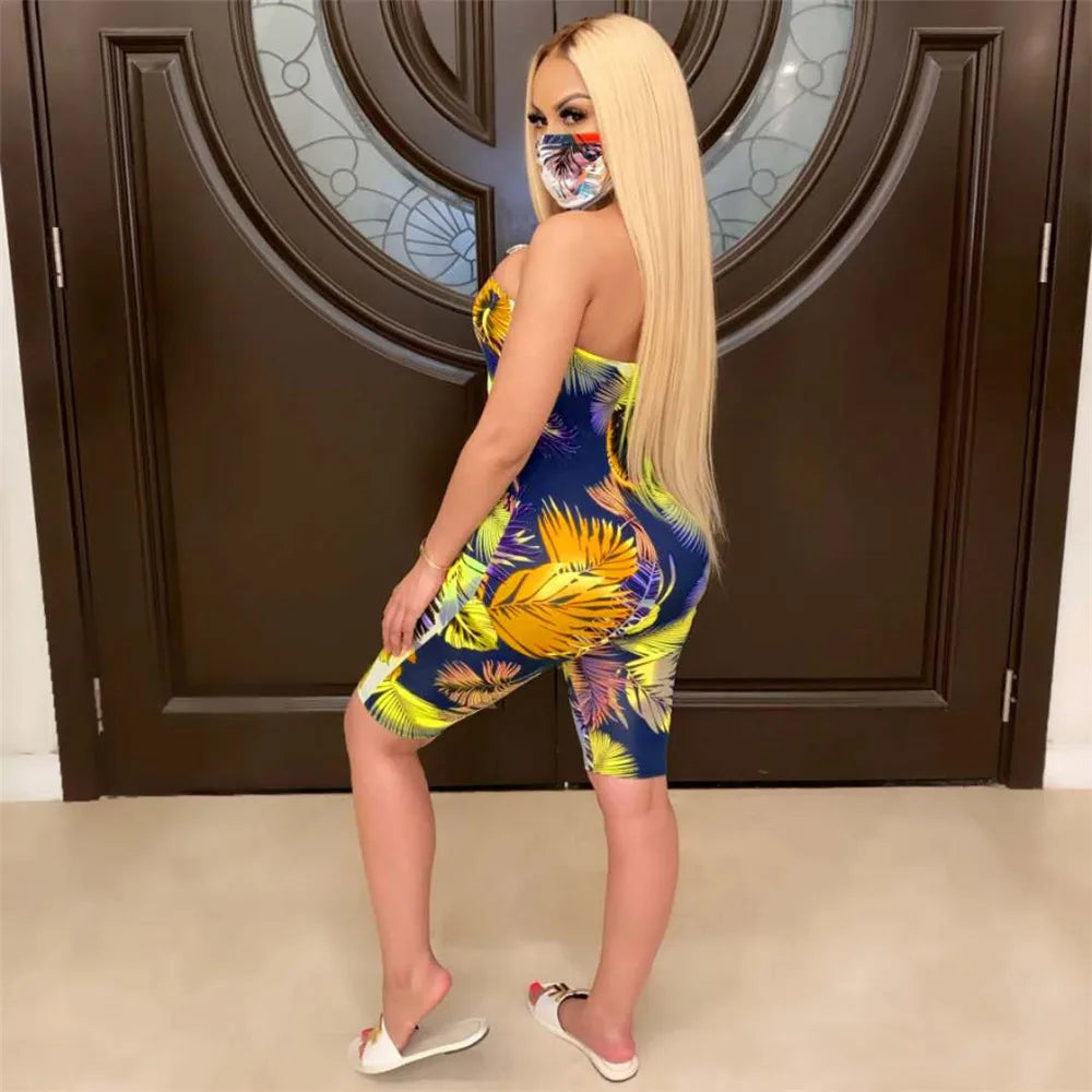 Ladies' strapless sexy jumpsuit shorts, tight fitting, hip hugging, waist cinching, fashionable printed street style commuting - Colouronova