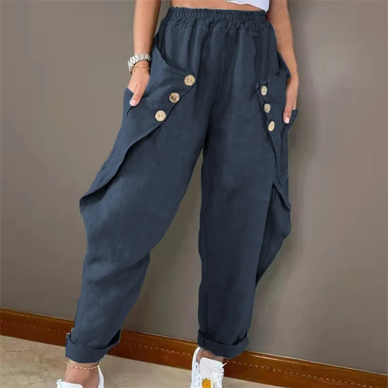 Harem Pants Women Elastic Waist Pockets Button Solid Distressed Slacks Female Streetwear 2025 Casual Ankle Length Trousers - Colouronova