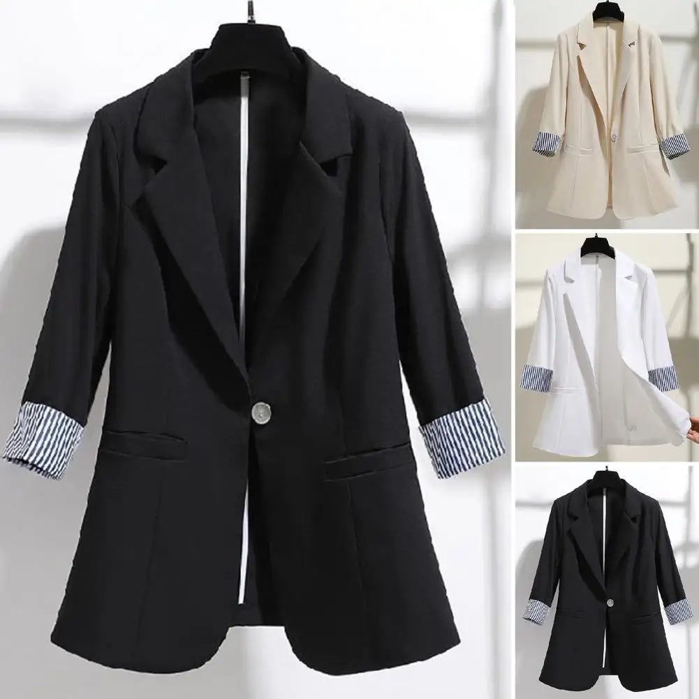 3 4 Sleeve Striped Patchwork Cuff Pockets Women Solid Color Lapel Single Button Thin Suit Coat Workwear - Colouronova