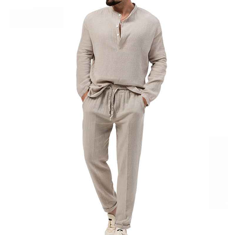 Men's Pure Color Casual Long Sleeve Shirt and Pants Set