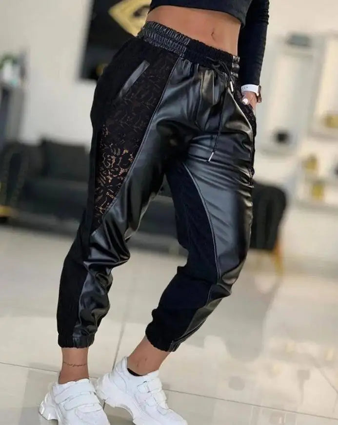women's Elegant Leather Pants 2024 New Elastic Contrast Pu Lace Panel Drawstring Flipped Slim Fit Pants Street Trend woman pants - Colouronova