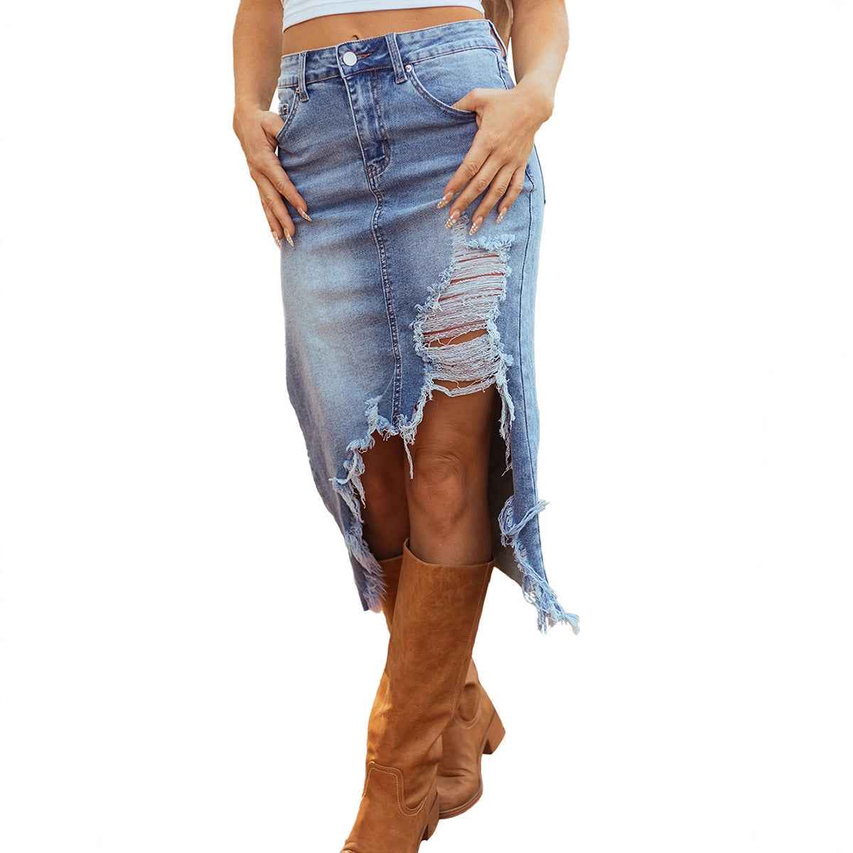 Ripped denim skirt