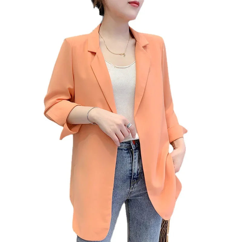 Women Blazer Jacket Cardigan Summer Suit Coat Three Quarter Sleeve Turn Down Collar Office Lady Open Stitch Outerwear 2025 - Colouronova