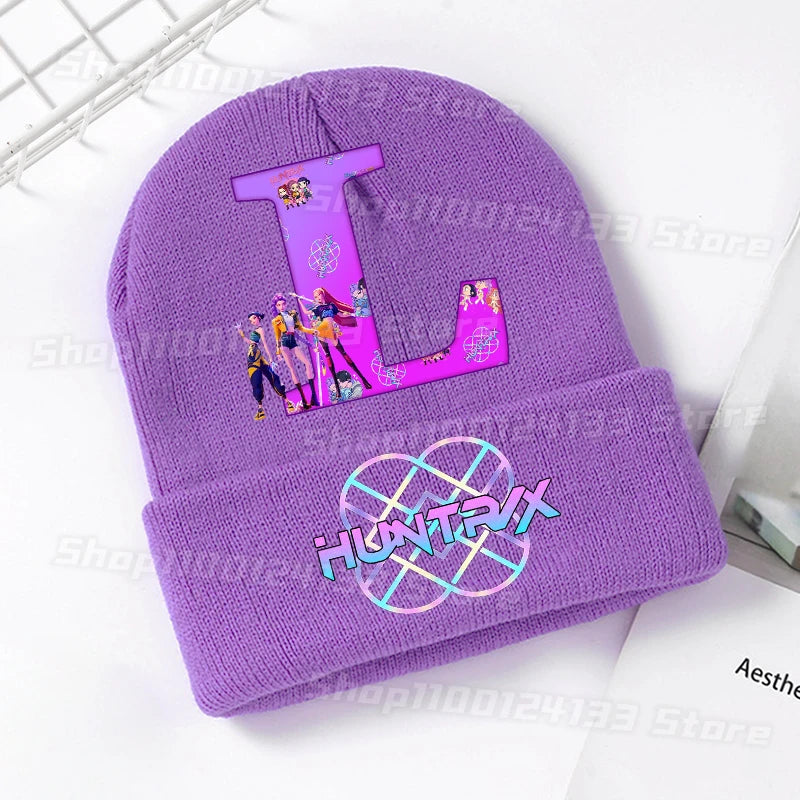 Demone Hunter Kids Knitted Hats Cute Letters A-Z Anime Girl Kawaii Beanie Headgear Outdoor Street Warm Knit Cap Party Games Gift - Colouronova