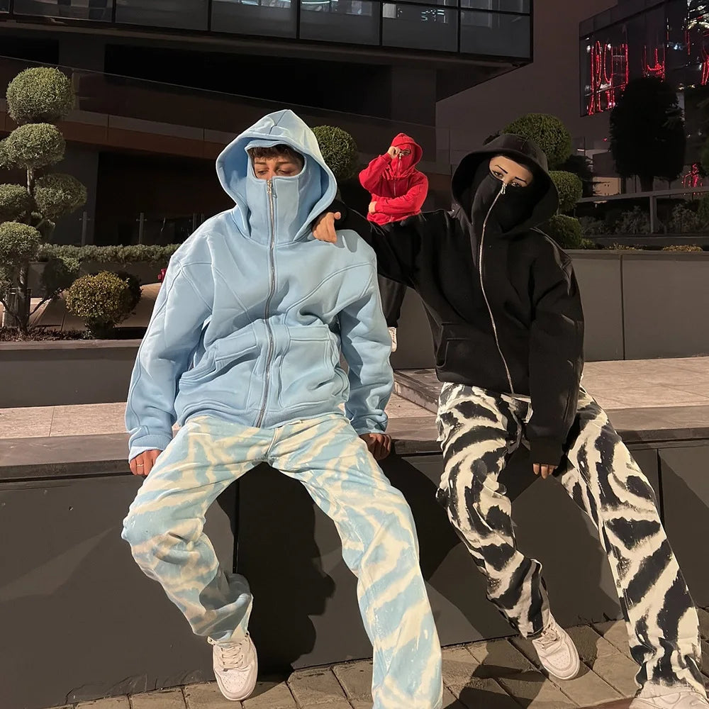 Sports style fashion European and American trend solid color line splicing double hat cardigan zipper hooded Y2K sweatshirt - Colouronova