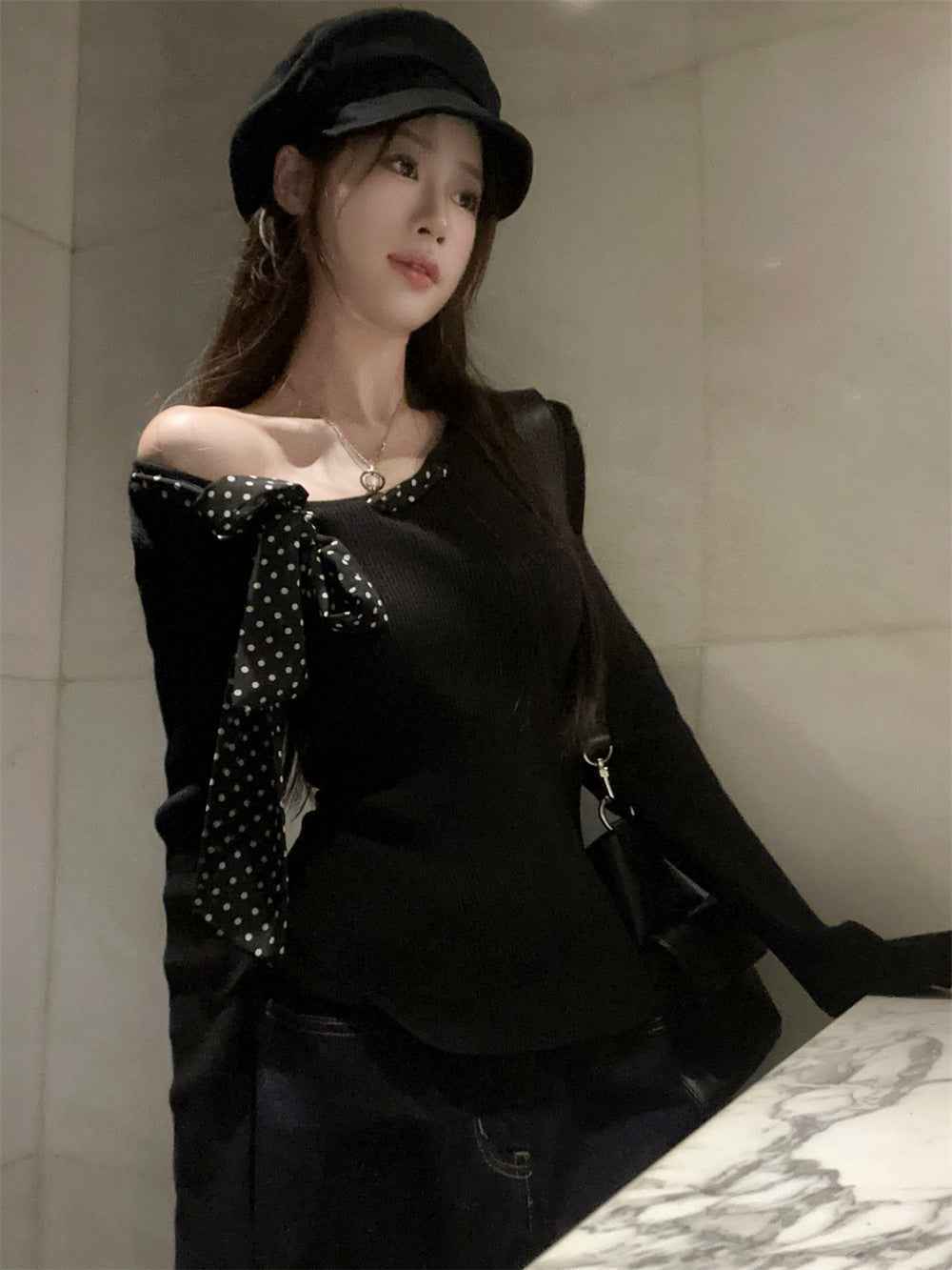 Black Polka Dot Bow Asymmetrical Blouse
