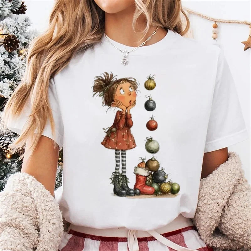 T-Shirt Women's Christmas Socks Christmas Gift Cartoon Street Round Neck Top Women's Casual Harajuku Fashion New Year T-Shirt Colouronova