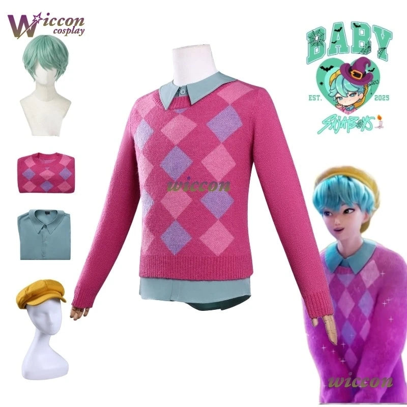 Kpop Demon Hunters Baby Saja Boys Cosplay Costume Wig Hat Set Pink Sweater Full Outfit Baby Wig Hat Men Halloween Xmas Roleplay - Colouronova