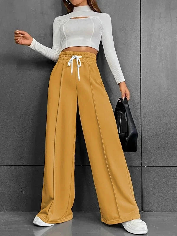 High Waist Wide Leg Pants Women Full Length Trousers Solid Capris Drawstring Pockets Loose Fit Sports Casual Slight Strech Colouronova