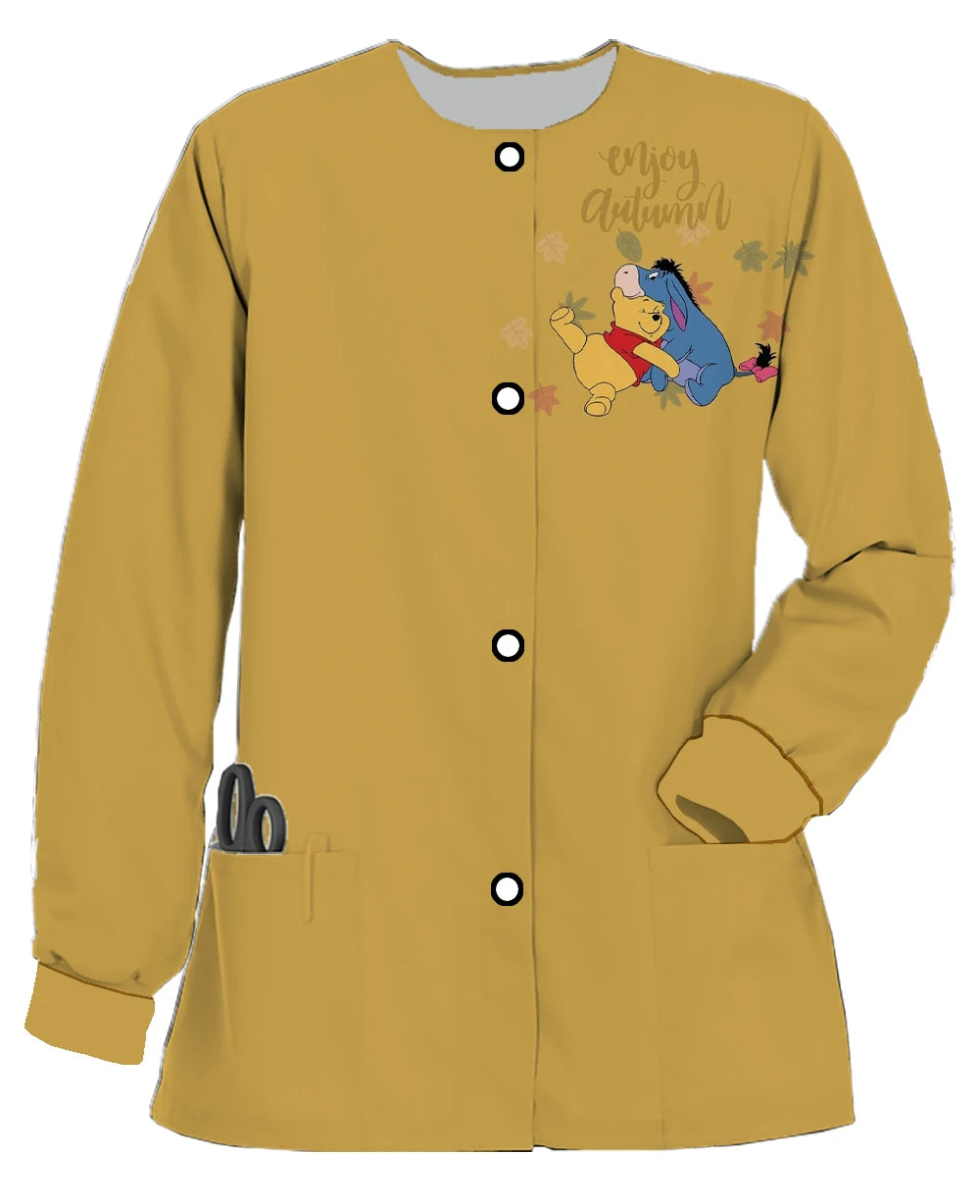 Autumn and Winter New Disney Winnie the Pooh Print Women's Double Pocket Long Sleeve Snap Button Scrub Jacket Medical Coat - Colouronova