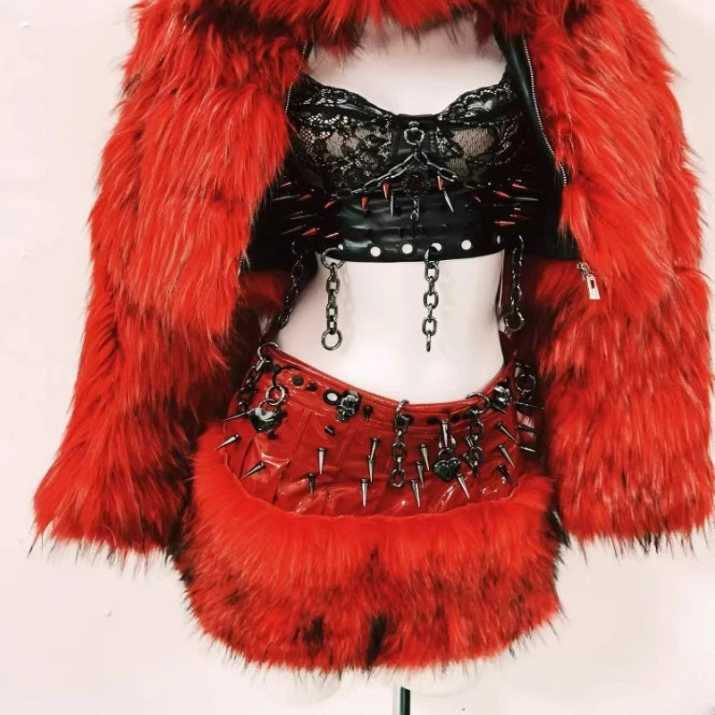 Spring Autumn New Black Lace Hollow Out Sexy Rivet Women's Vest Original Design Red Furry Splicing Short Skirt Coat Set Ladies - Colouronova