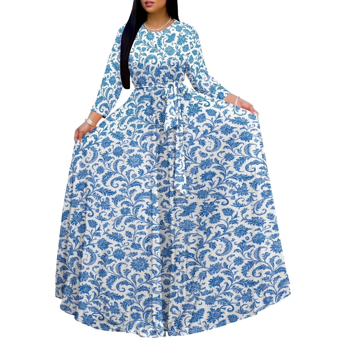 Long Sleeve Plus Size Maxi Fall Dress for Curvy Women Round Neck 3/4 Sleeve Long Dress Cocktail Party Dress Colouronova