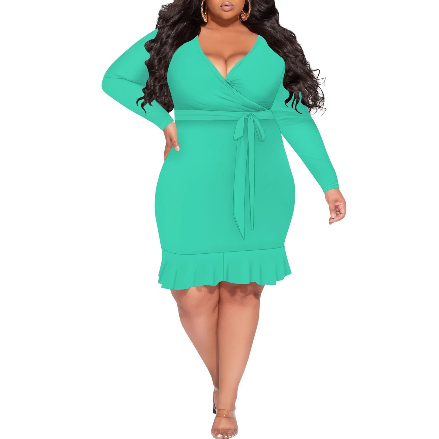 Plus Size Wrap Dress for Curvy Women Casual Solid Color Long Sleeve Club Party Cocktail Sundress Sexy Bodycon Fall Midi Dress - Colouronova