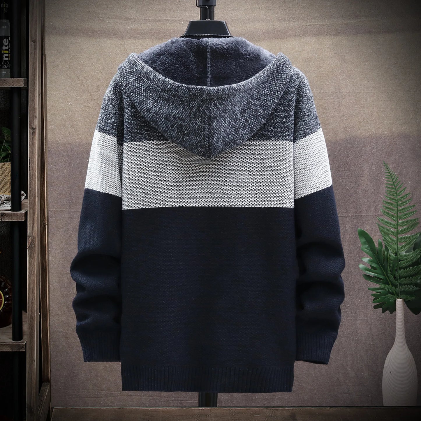 Men Patchwork Winter Warm Sweaters Fleece Jumper Hooded Cardigan Men's Clothing Knitted Coat Male Knitwear Thick Slim Jacket - Colouronova
