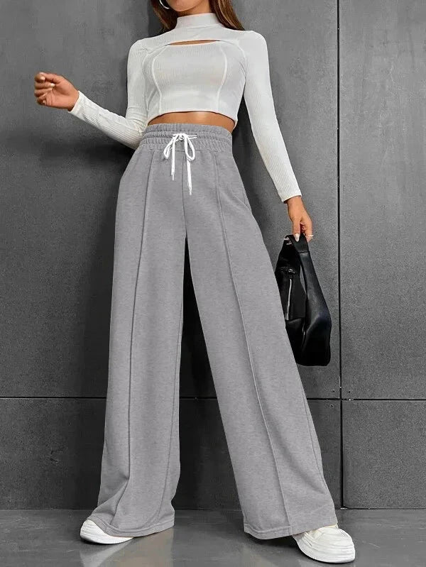 High Waist Wide Leg Pants Women Full Length Trousers Solid Capris Drawstring Pockets Loose Fit Sports Casual Slight Strech Colouronova