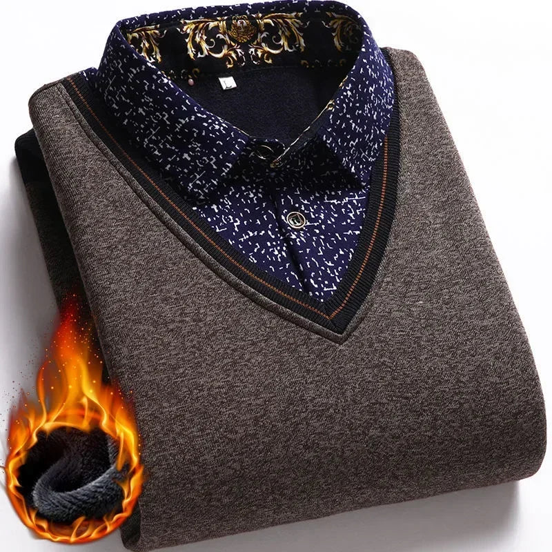 New2025 Autumn Winter Warm Sweater Men Fake Two-piece Grid Thicken Knitted Male Basic Sweater Pullover Shirt Jumper Sweater Male - Colouronova